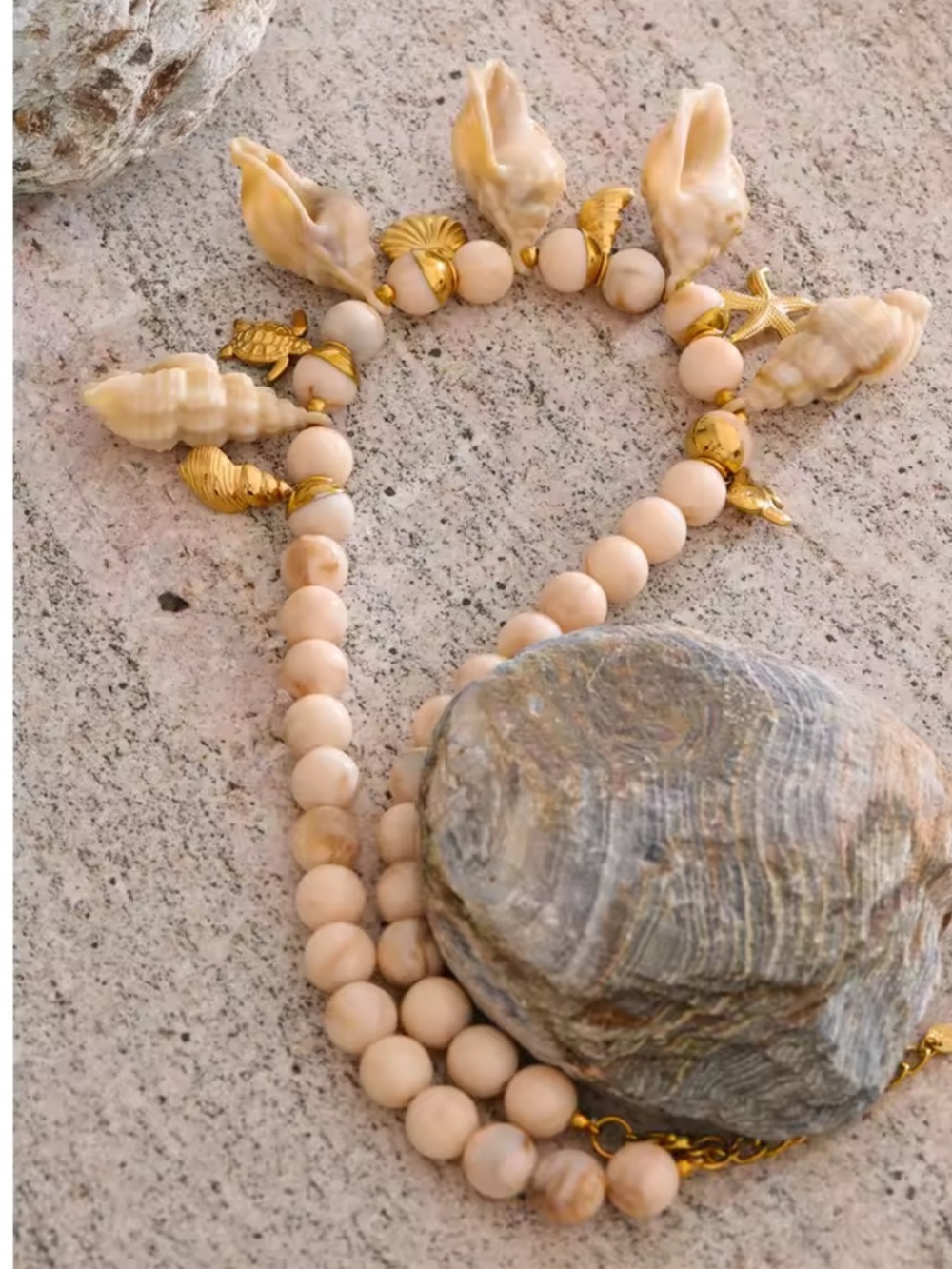 Coastel Cream Gold Shell Charm Beaded Necklace - Picture 9 of 12
